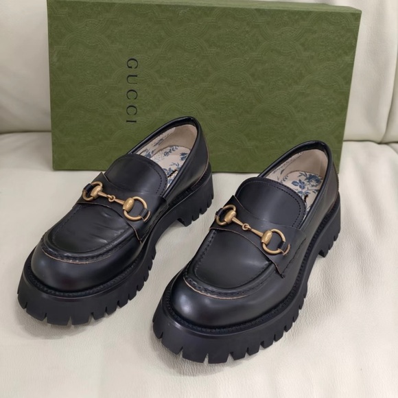 Gucci Dark Leather Loafers with Gold Buckles - Picture 1 of 5